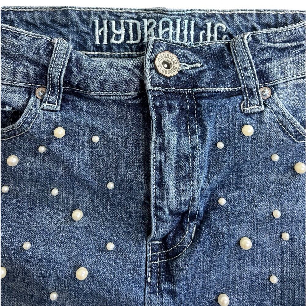 Hydraulic Soho High Rise Skirt Sz 4 Pearls Blue Wash Frayed Preppy Denim - Picture 3 of 6